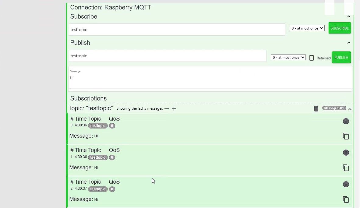 messages published successfully indicating mqtt is working