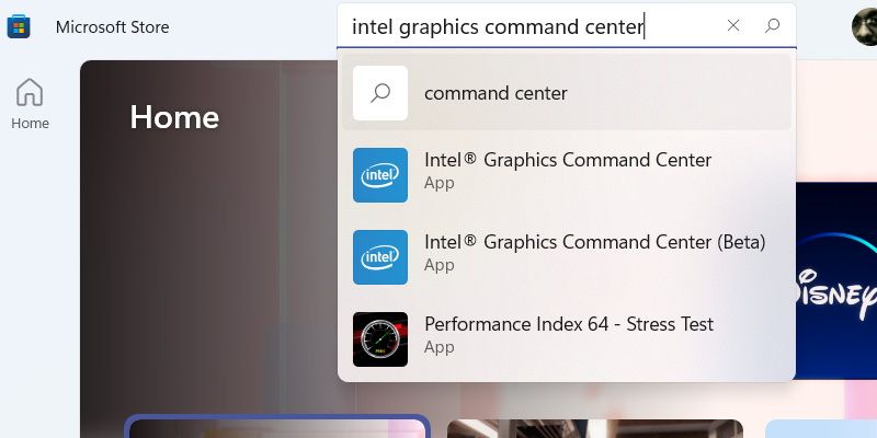searching for intel graphics command center in the microsoft store on windows