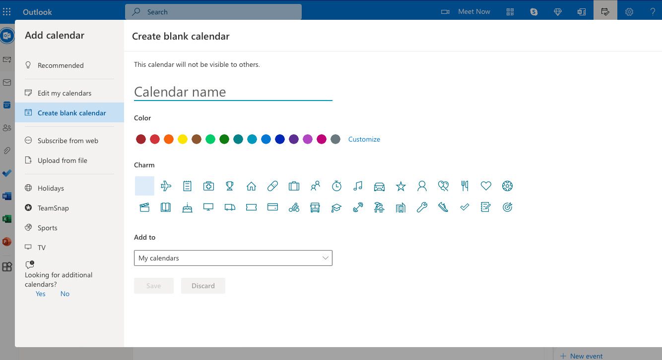 Creating a new calendar in Microsoft Outlook