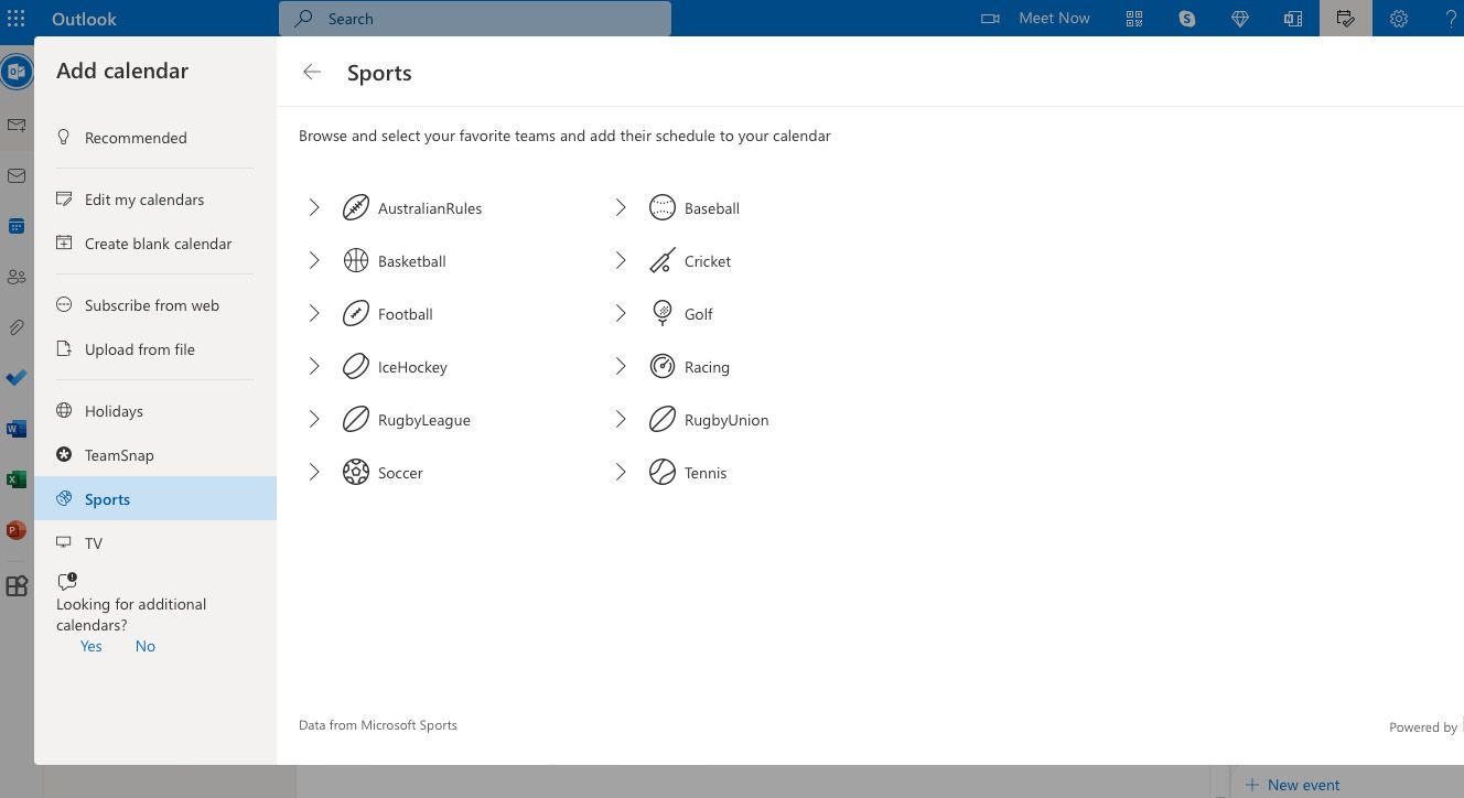 A list of sports to choose from in Microsoft Outlook
