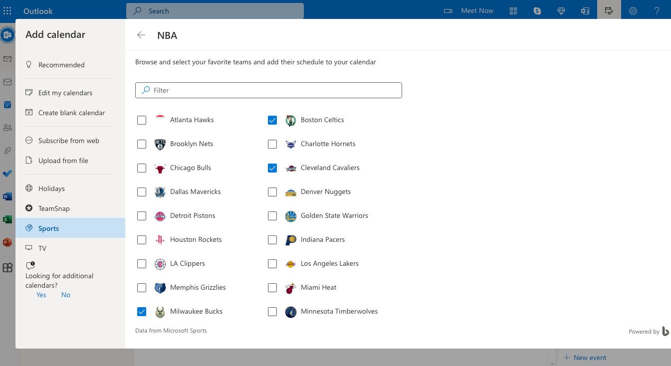 A list of basketball teams to add to a Microsoft Outlook calendar