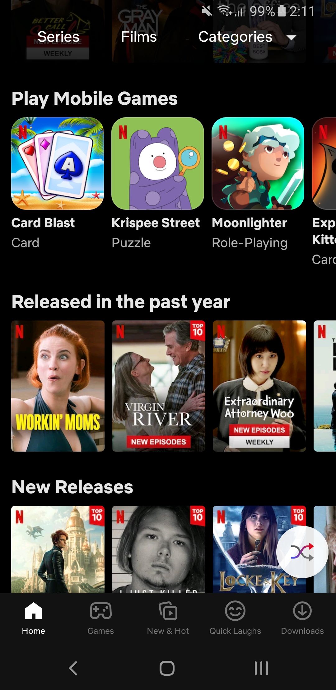 netflix home with play mobile games row
