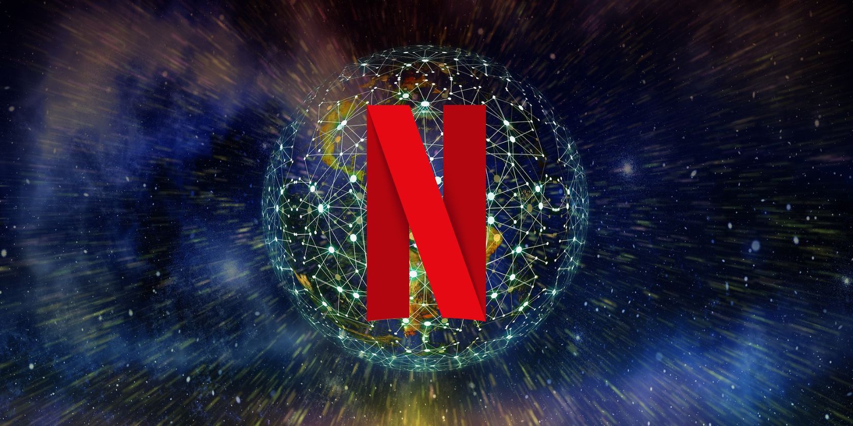 The planet surrounded in a digital blockchain with the Netflix logo in the middle of Earth