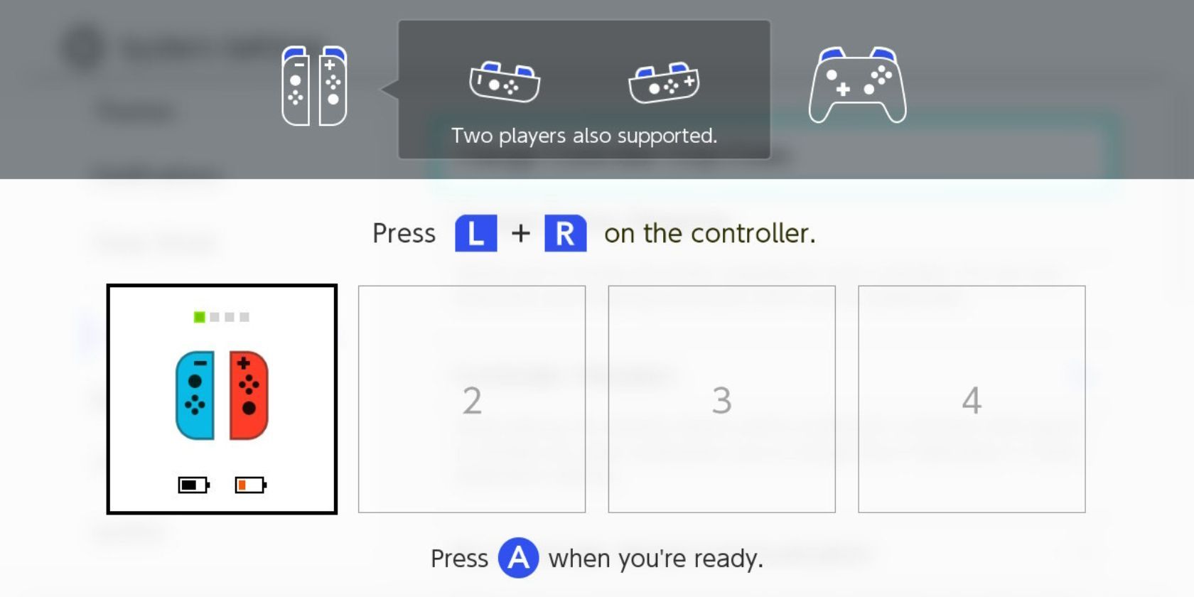 The controller connection screen on the Nintendo Switch dashboard