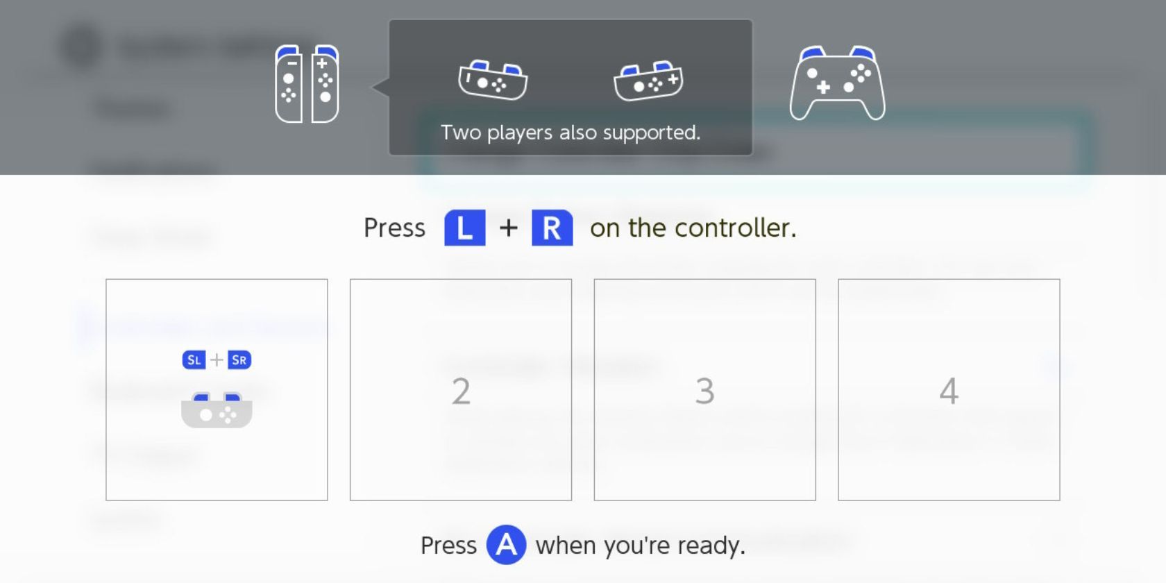 The connect pro controller screen on the Nintendo Switch