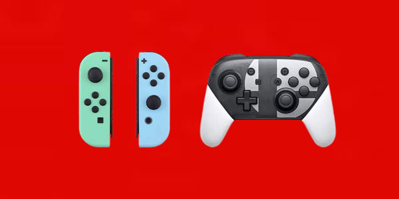 The Joy Cons and Pro Controller over a red background