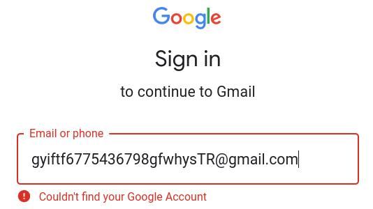 gmail error message stating: 'Couldn't find your gmail account'