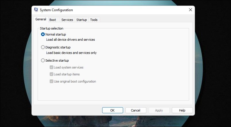 Windows 11 System Configuration dialog.