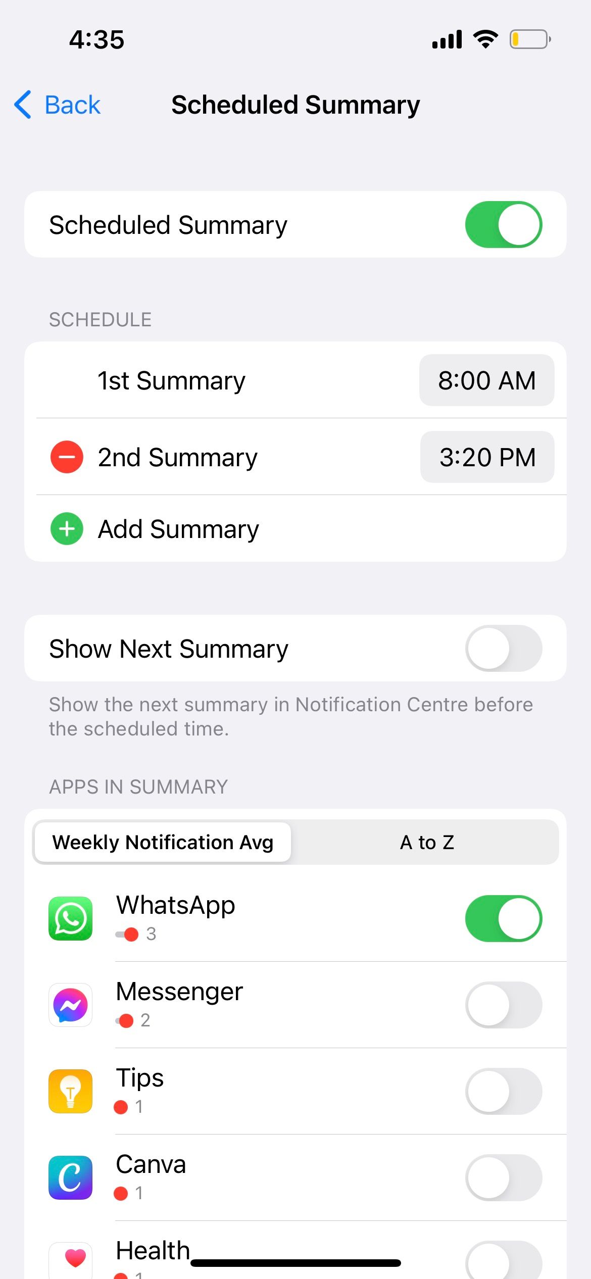 notifications scheduled summary settings on iphone 