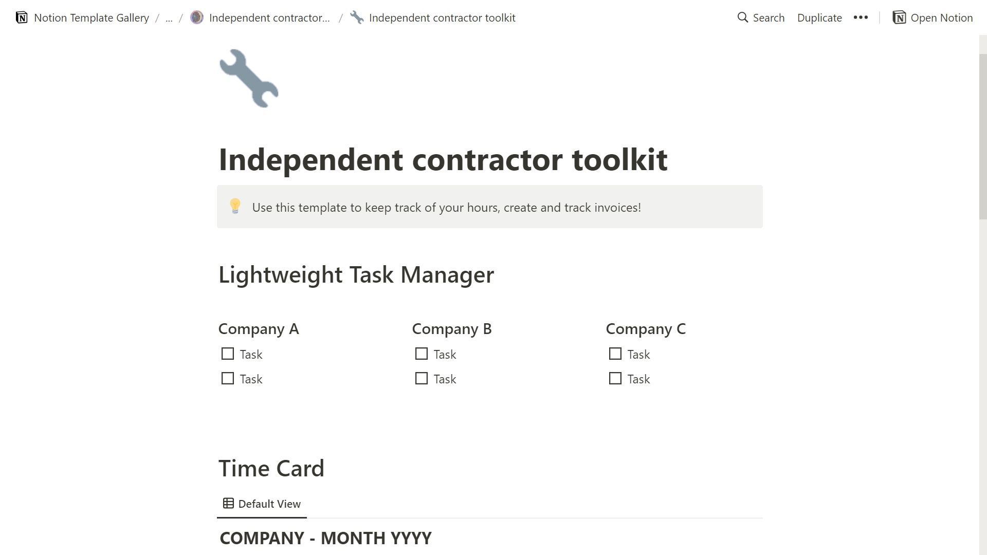 notion independent contractor toolkit template