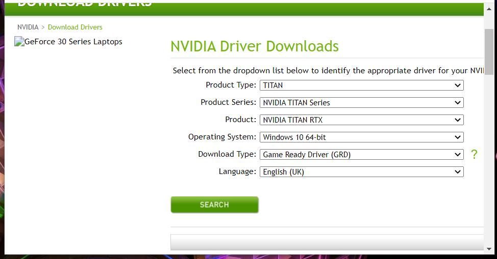 The NVIDIA driver download page