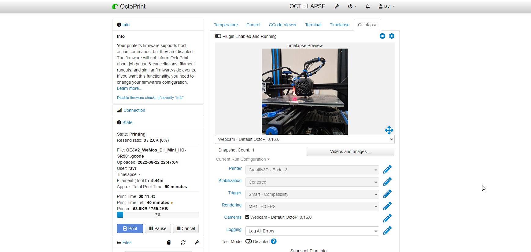 octoprint recording taking the snapshots of 3d prints