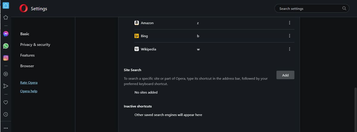Setting Opera search engine