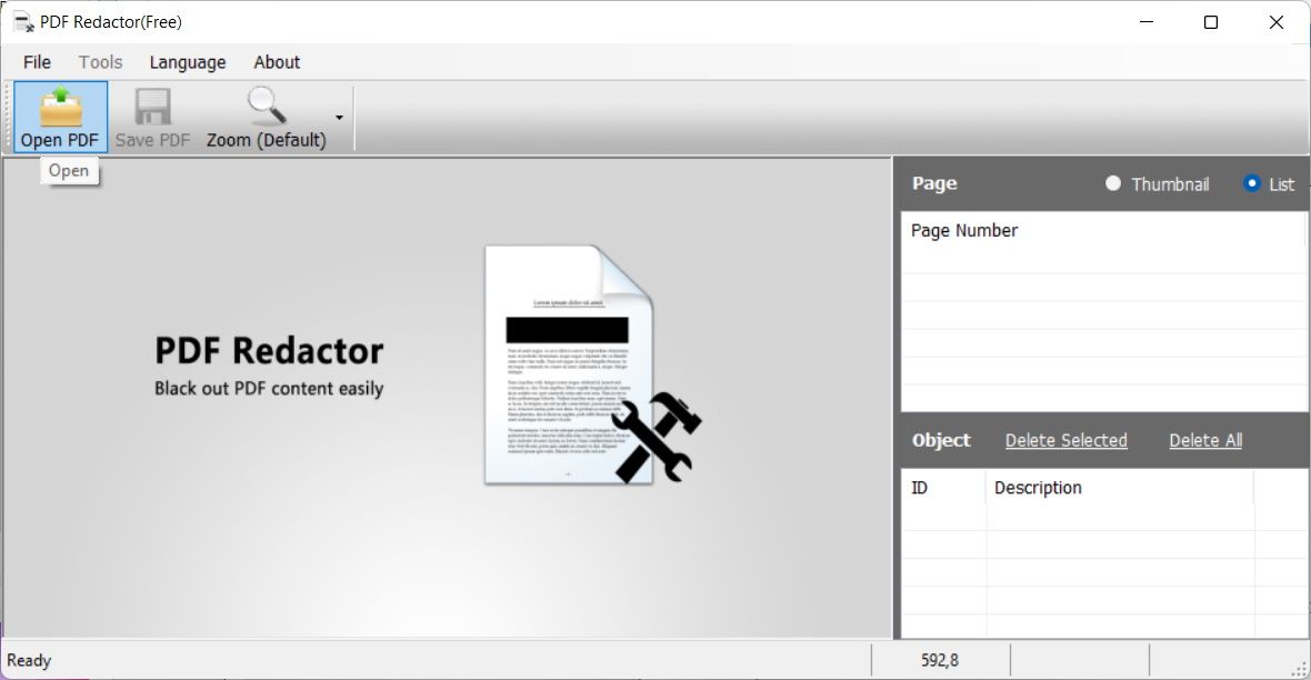 pdf redactor on windows, with the open pdf button highlighted