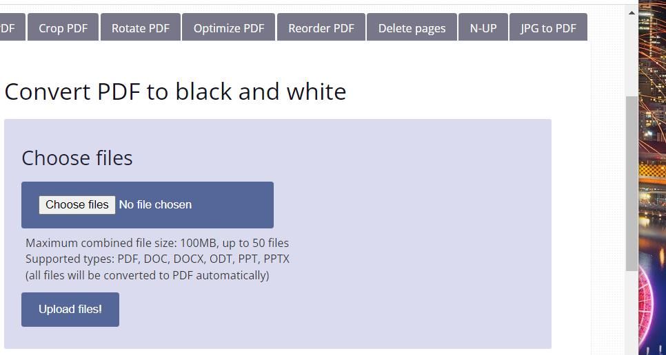 The Convert PDF to black and white web app 