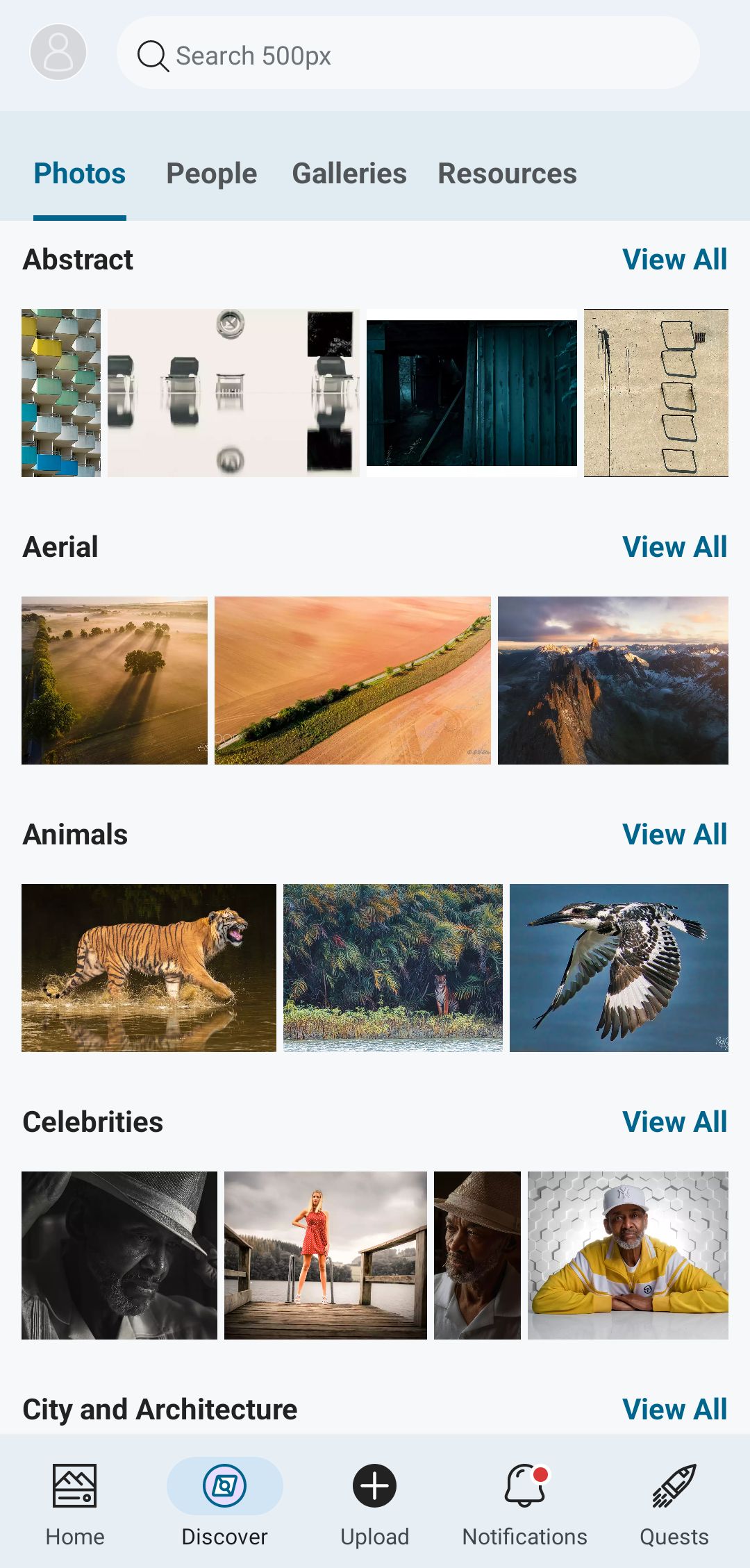 Photos on Discover Tab on 500px App