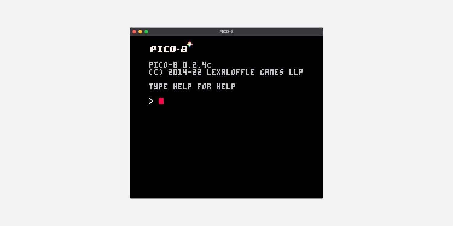 The PICO-8 boot screen showing white text in a pixel font on a black background. A cursor awaits user input.