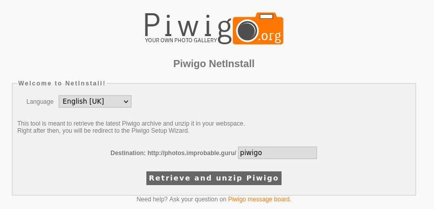 piwigo netinstall to retrieve and unzip archive