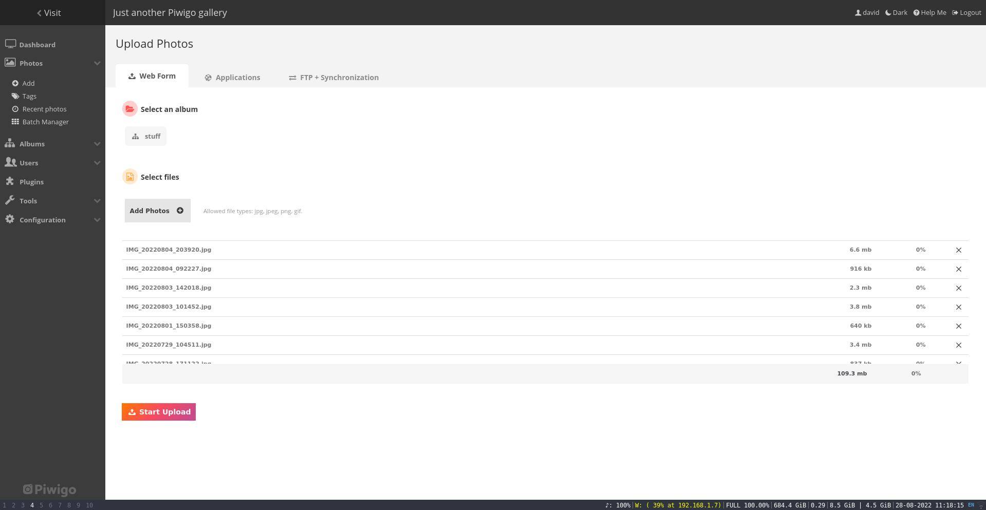 piwigo photo upload screen