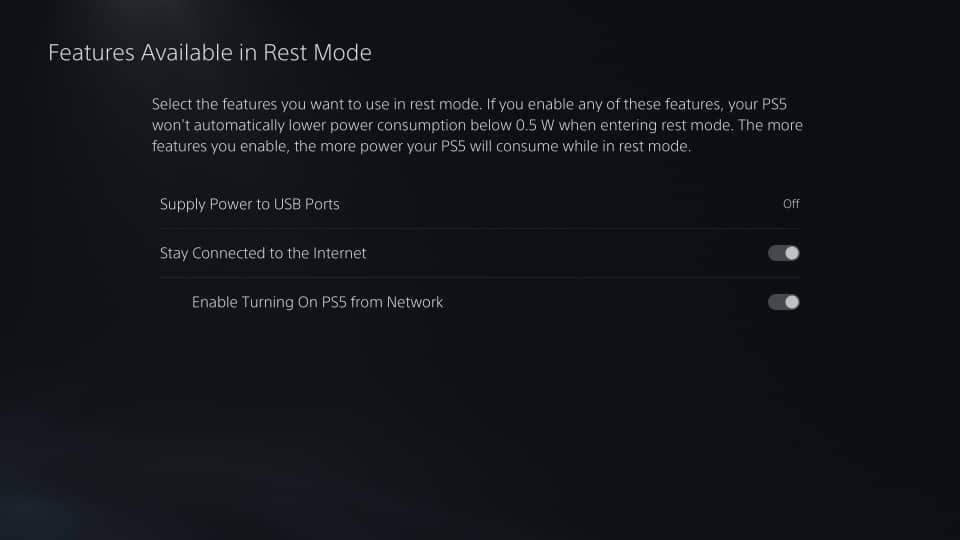 A PS5 screenshot showing the features available in rest mode