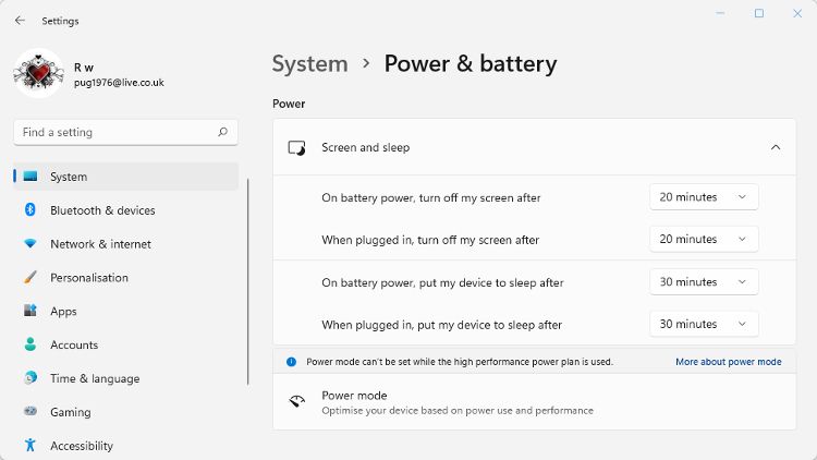 The power and battery settings in Windows 11