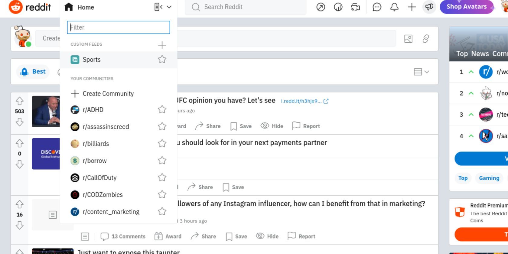 The home page of Reddit with different views available at the top