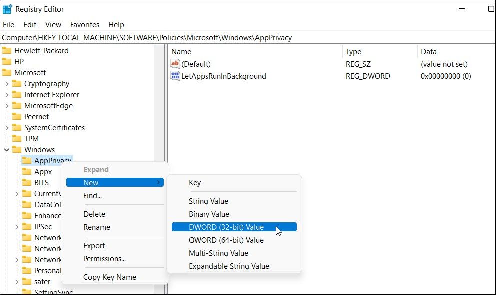 registry editor windows new value appprivacy letappsruninbackground