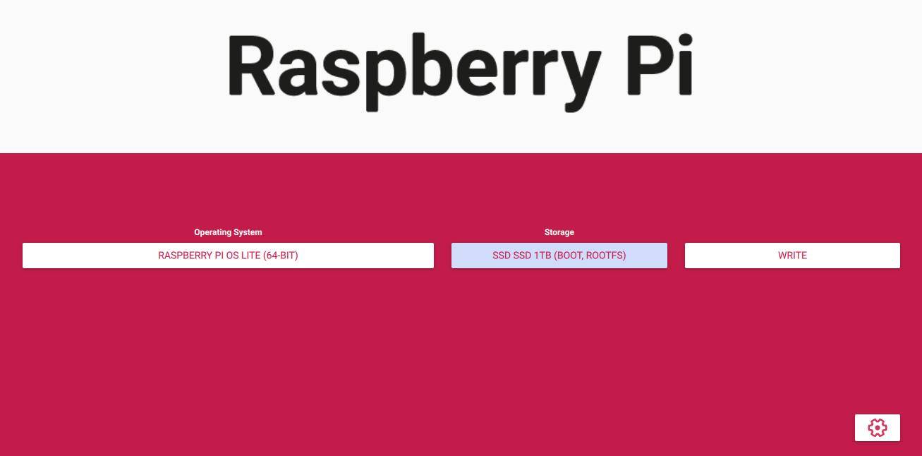 rpi imager main screen showing the OS and drive selected and a cog in the lower right
