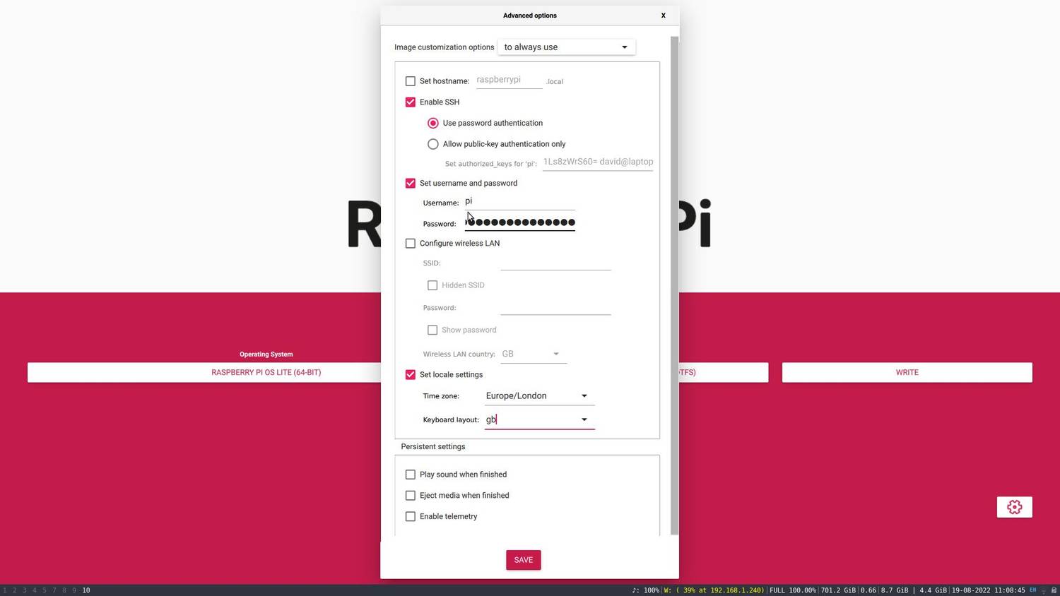 rpi imager settings screen showing SSH enable and a set username and password