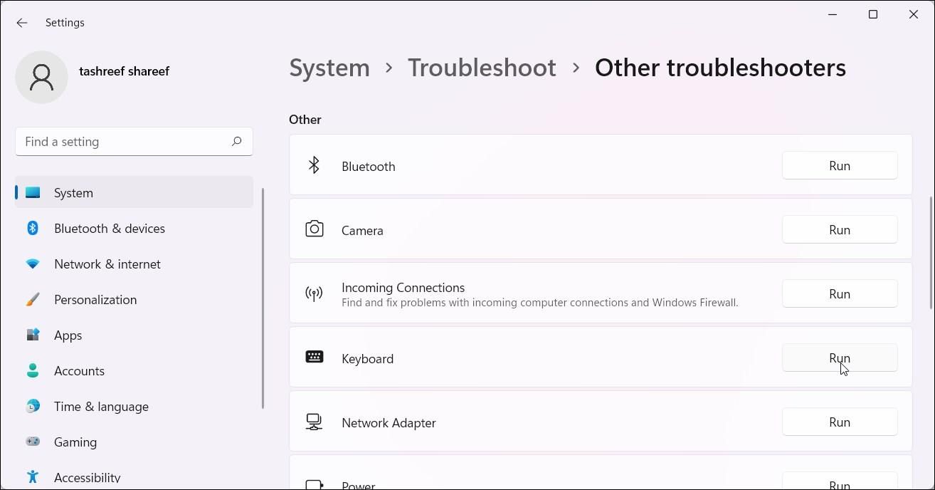 Windows 11 Settings showing the Keyboard troubleshooter option.
