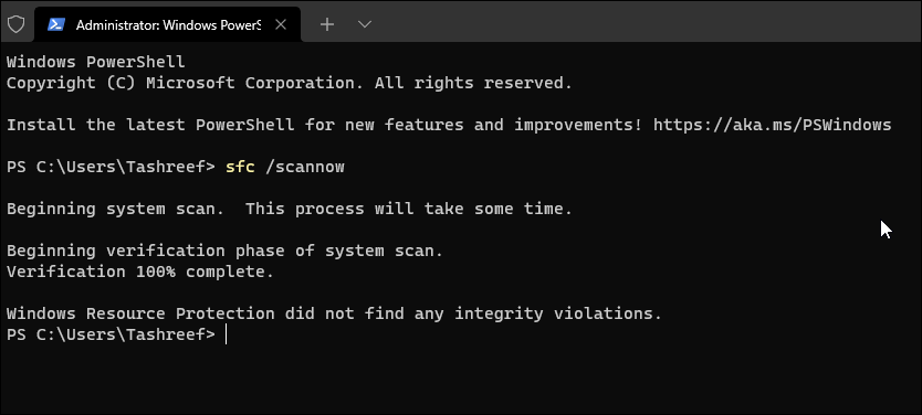 Windows 11 Command Prompt running the System File Checker utility.