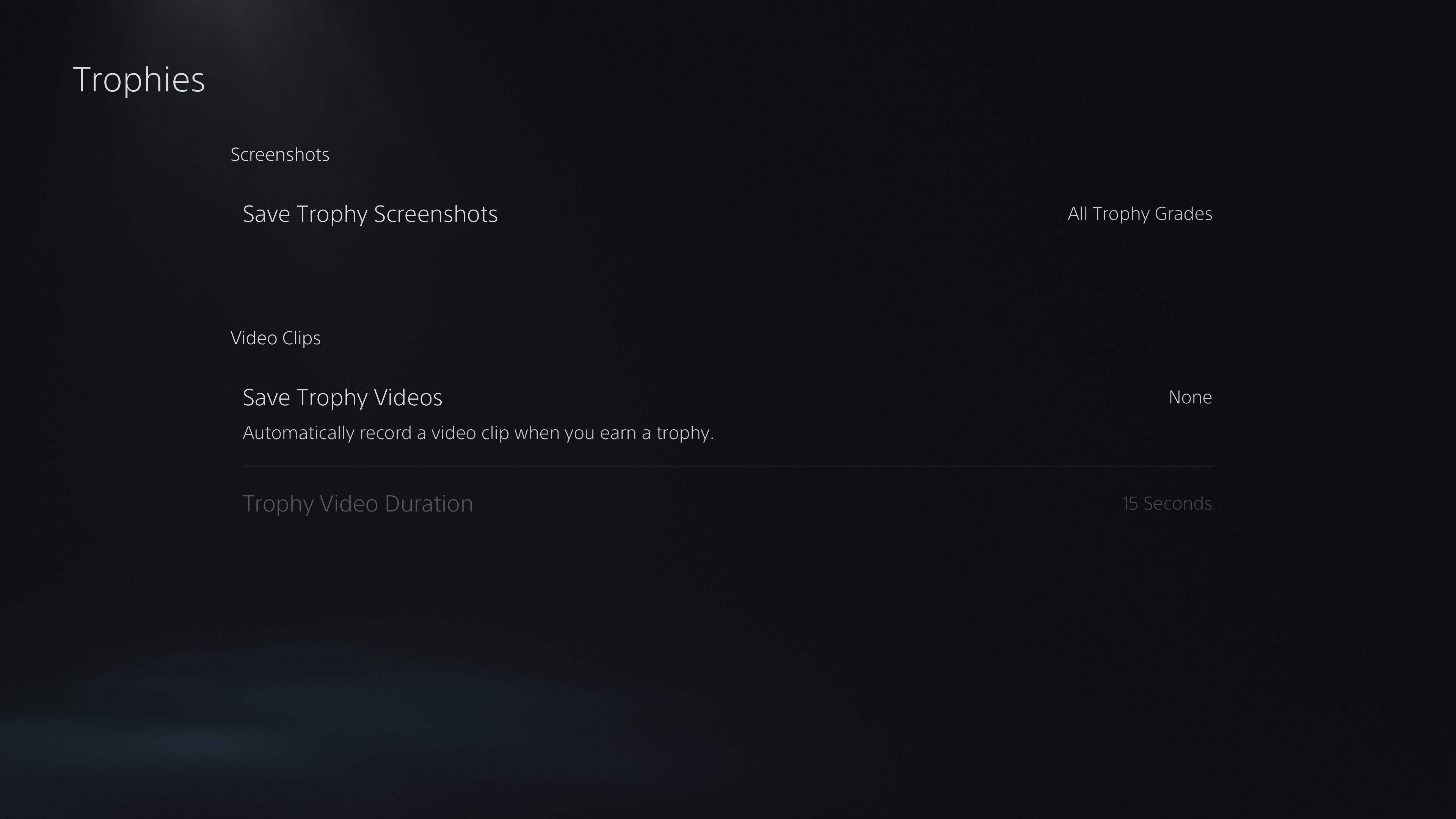 A PS5 screenshot showing how to disable save trophy videos