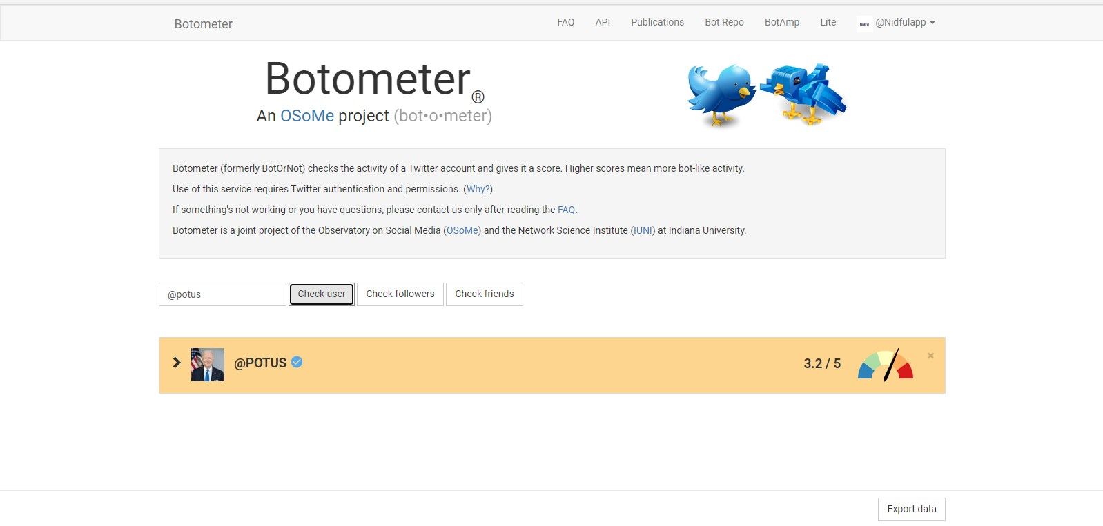 Checking bot users on Botometer 