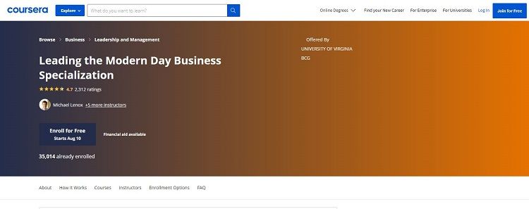 screenshot of Coursera page for Leading the Modern Day Business Specialization certification