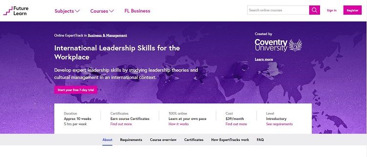 screenshot of Future Learn page for International Leadership Skills for the Workplace certification