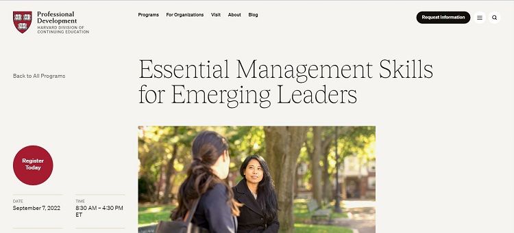 screenshot of Harvard division of continuing Education page for Essential management skills for emerging leaders certification