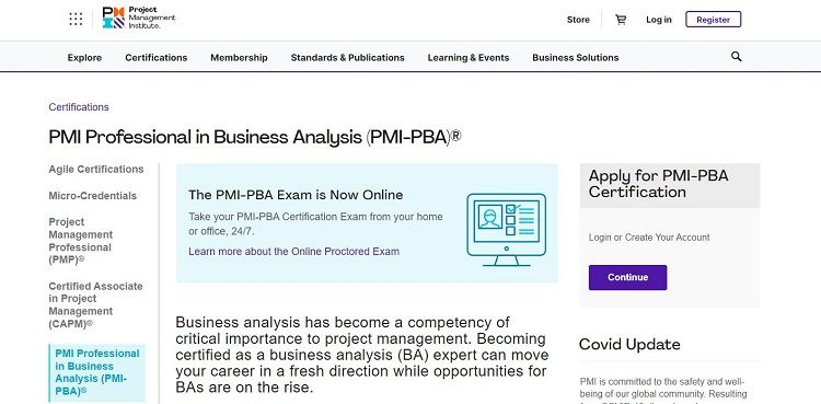 screenshot of PMI page for Business Analysis certification
