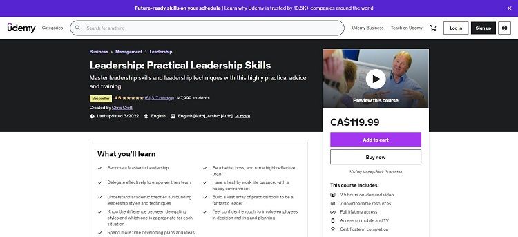 screenshot of Udemy page for Practical Leadership Skills certification