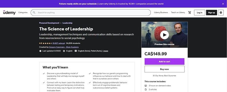 screenshot of Udemy page for The Science of Leadership certification