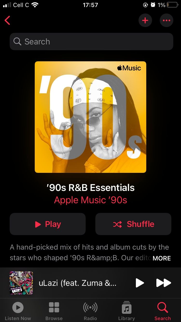 screenshot of apple music 90s rnb essentials playlist on mobile