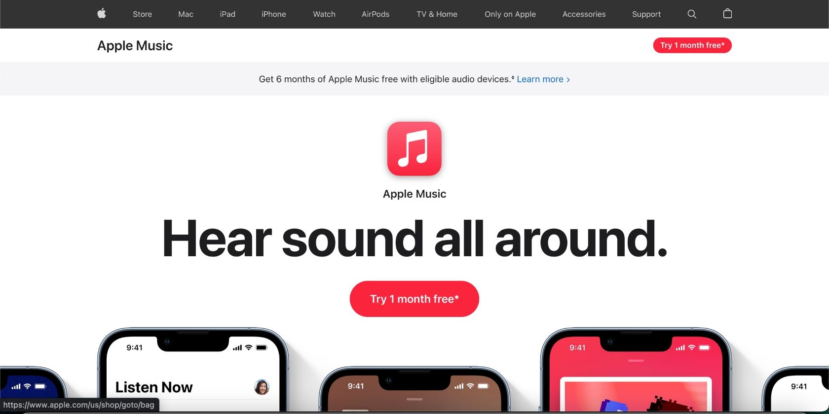 screenshot of apple music free trial signup page