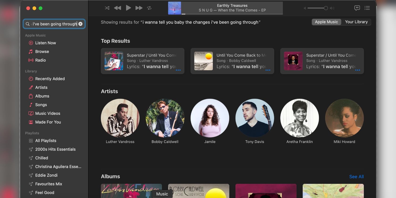 screenshot of apple music search for luther vandross song using lyrics on desktop app app