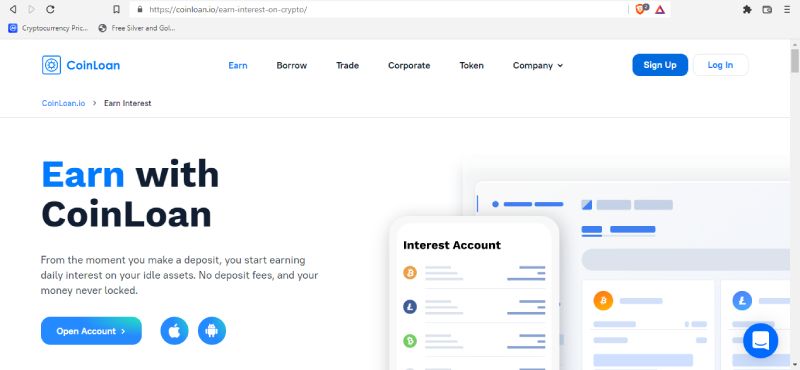screenshot of coinloan earn page