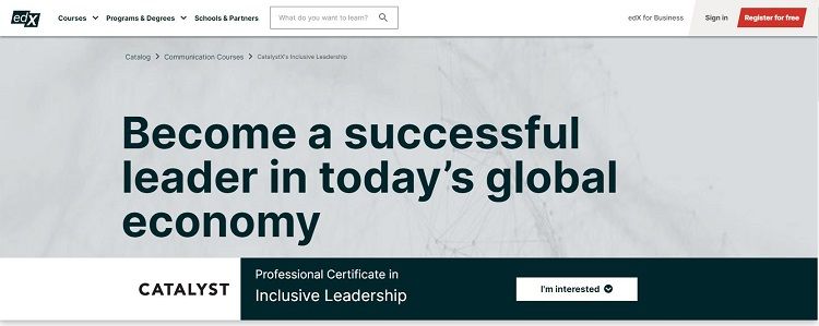 screenshot of edX page for Inclusive Leadership certification