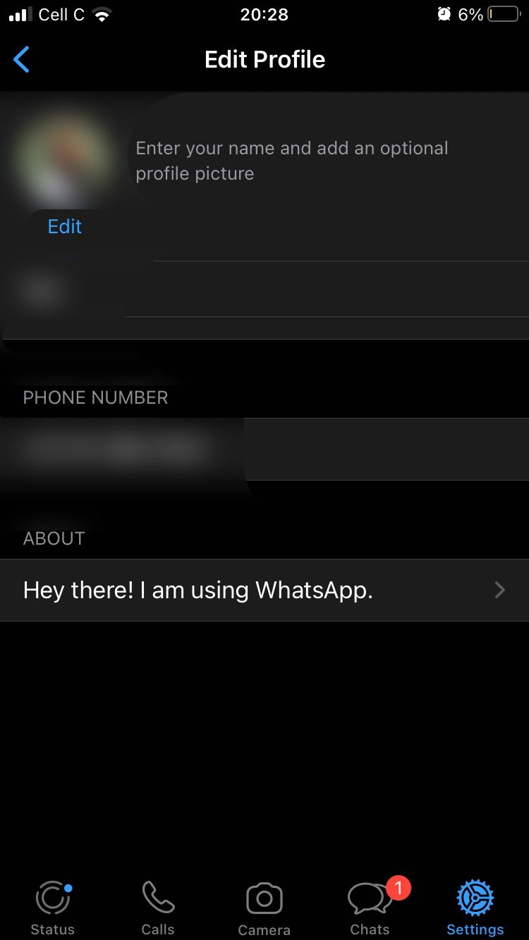 screenshot of edit profile page on whatsapp
