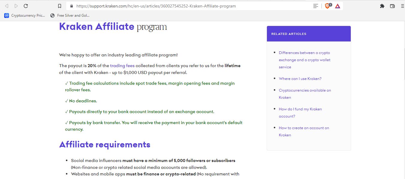 screenshot of kraken's affiliate program page