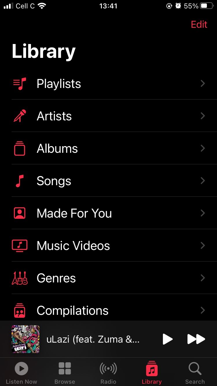 screenshot of library tab on apple music mobile app