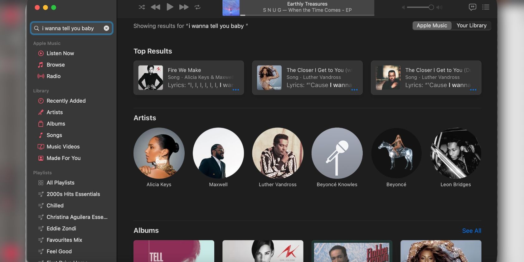 screenshot of luther vandross song lyric search on apple music desktop app