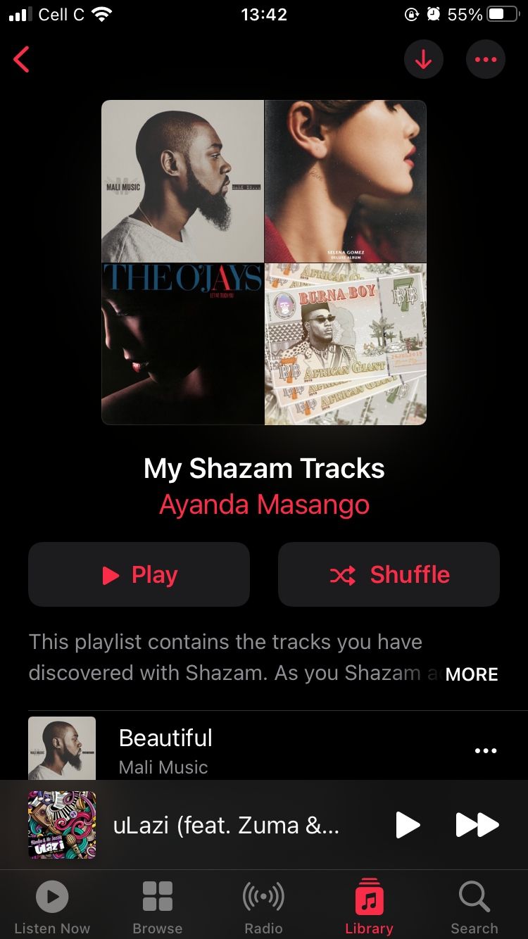 screenshot of my shazam tracks playlist on apple music mobile app