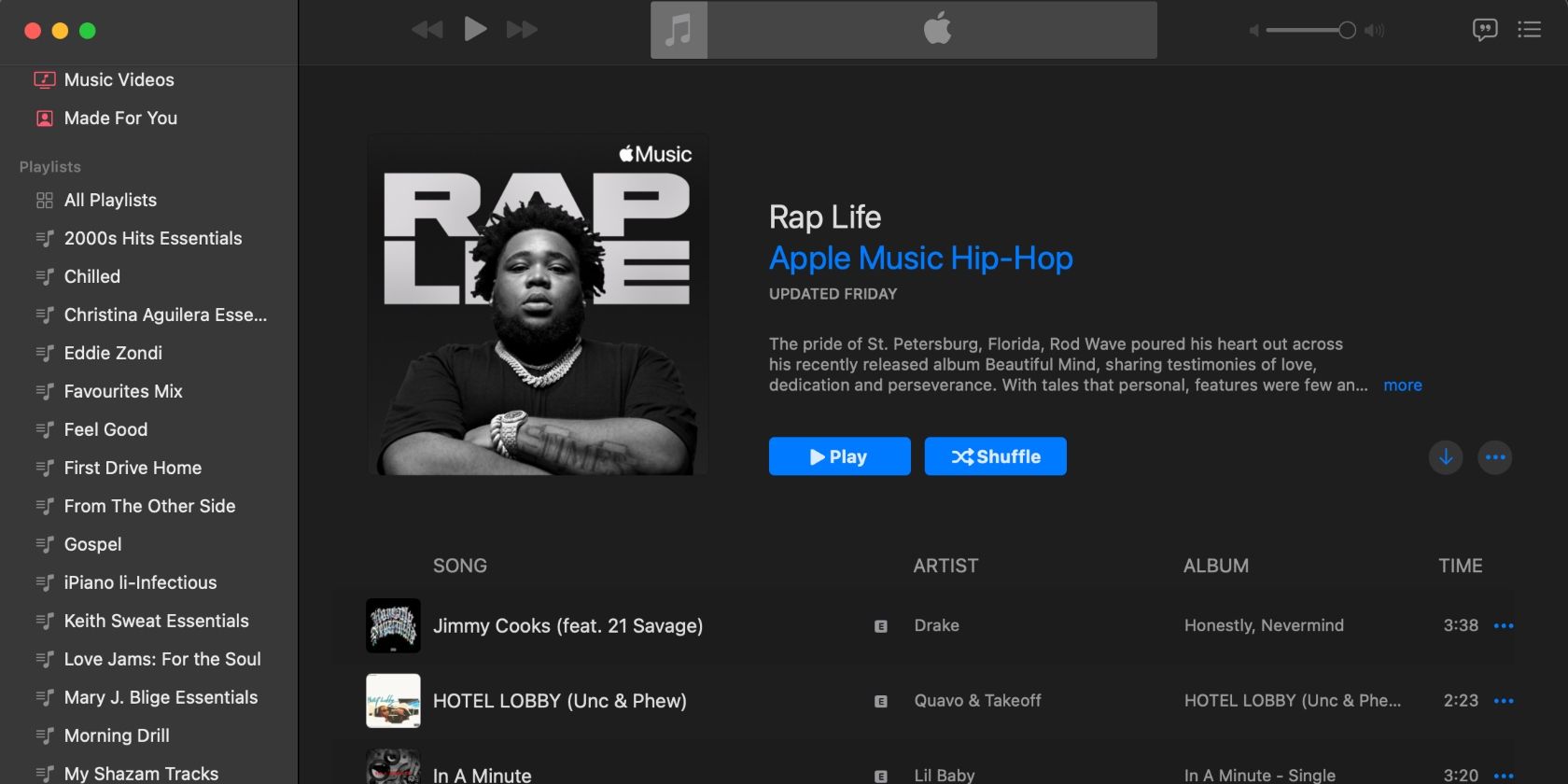 screenshot of rap life playlist page on apple music desktop app